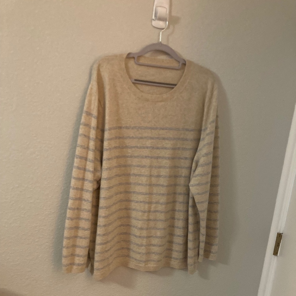 Land's End 100% Cashmere Sweater - tan/gray weathered stripes - 3X